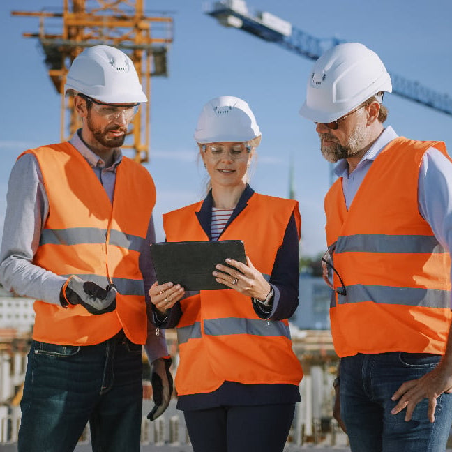 Three construction workers in orange vests and white helmets discussing on a tablet at a construction site.